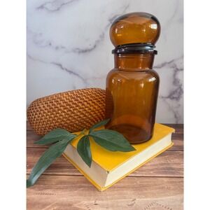 Vintage Amber Glass Apothecary Jar Bubble Top Stopper Made in Belgium 9.5 Inch